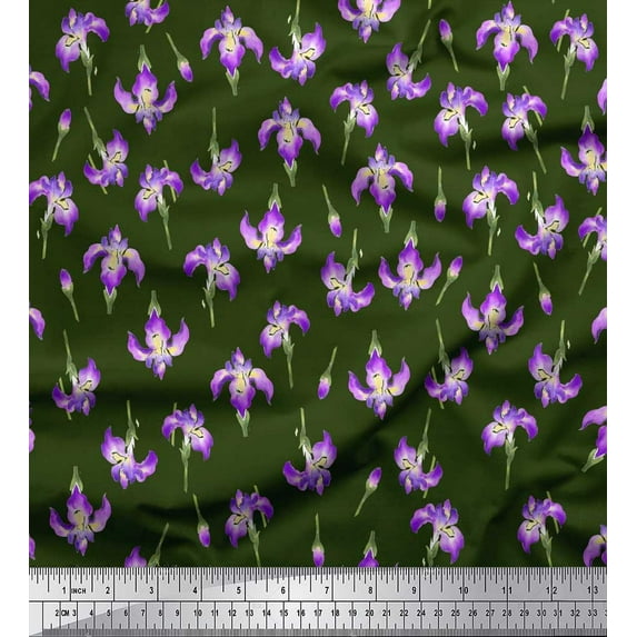 Soimoi Green Silk Fabric Orchid Floral Print Fabric by Yard 42 Inch Wide
