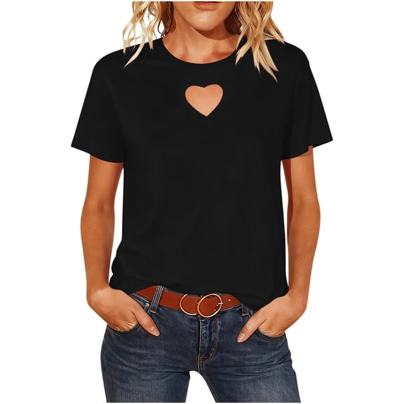 Htigea Women's Heart Shape Cutout Tshirt Short Sleeve Summer Tops Dressy Casual Going Out Shirts Black S