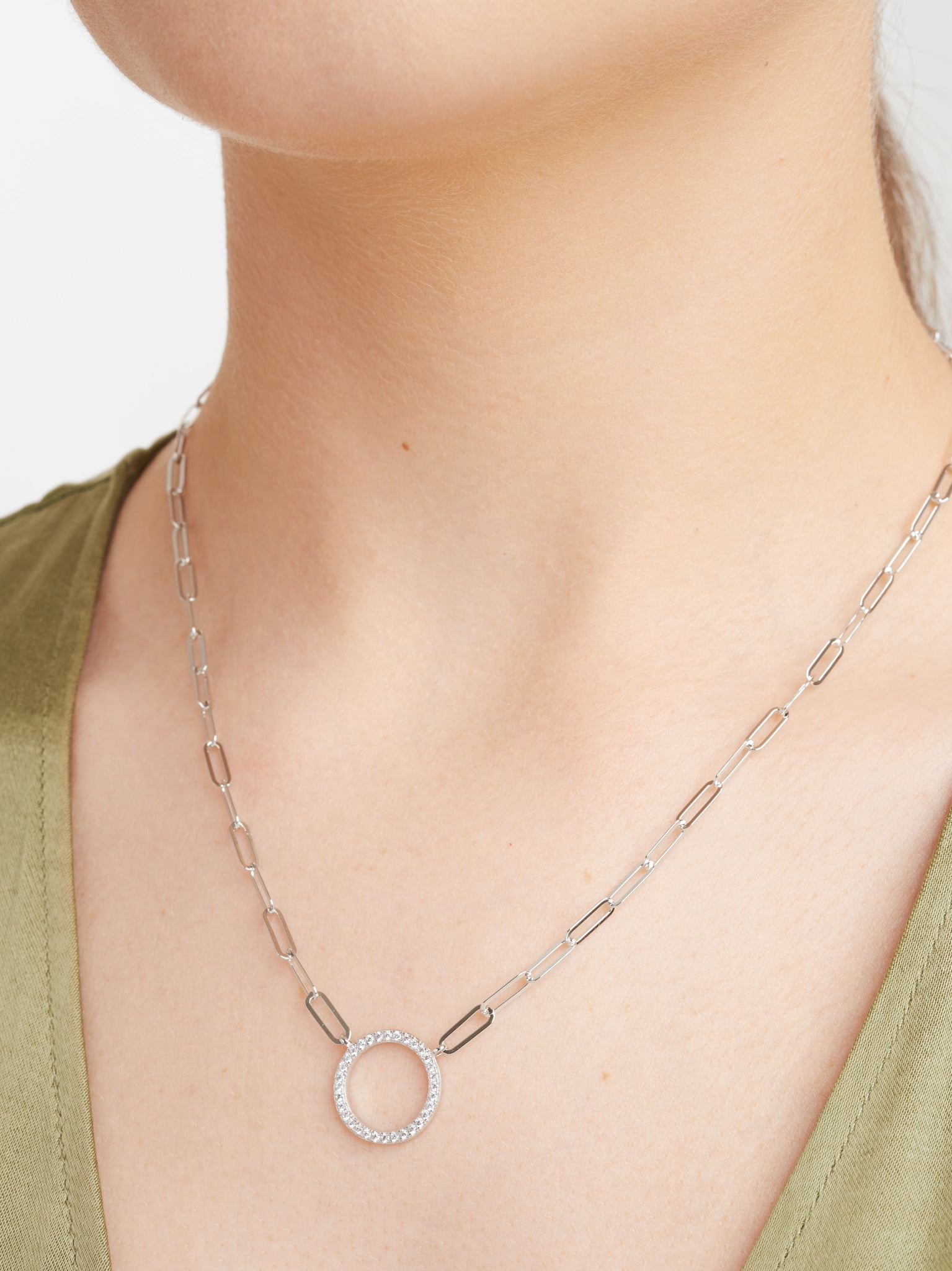 Forever Facets CZ Circle Paperclip Necklace Hand Set in Sterling Silver, 18" + 2" Extension