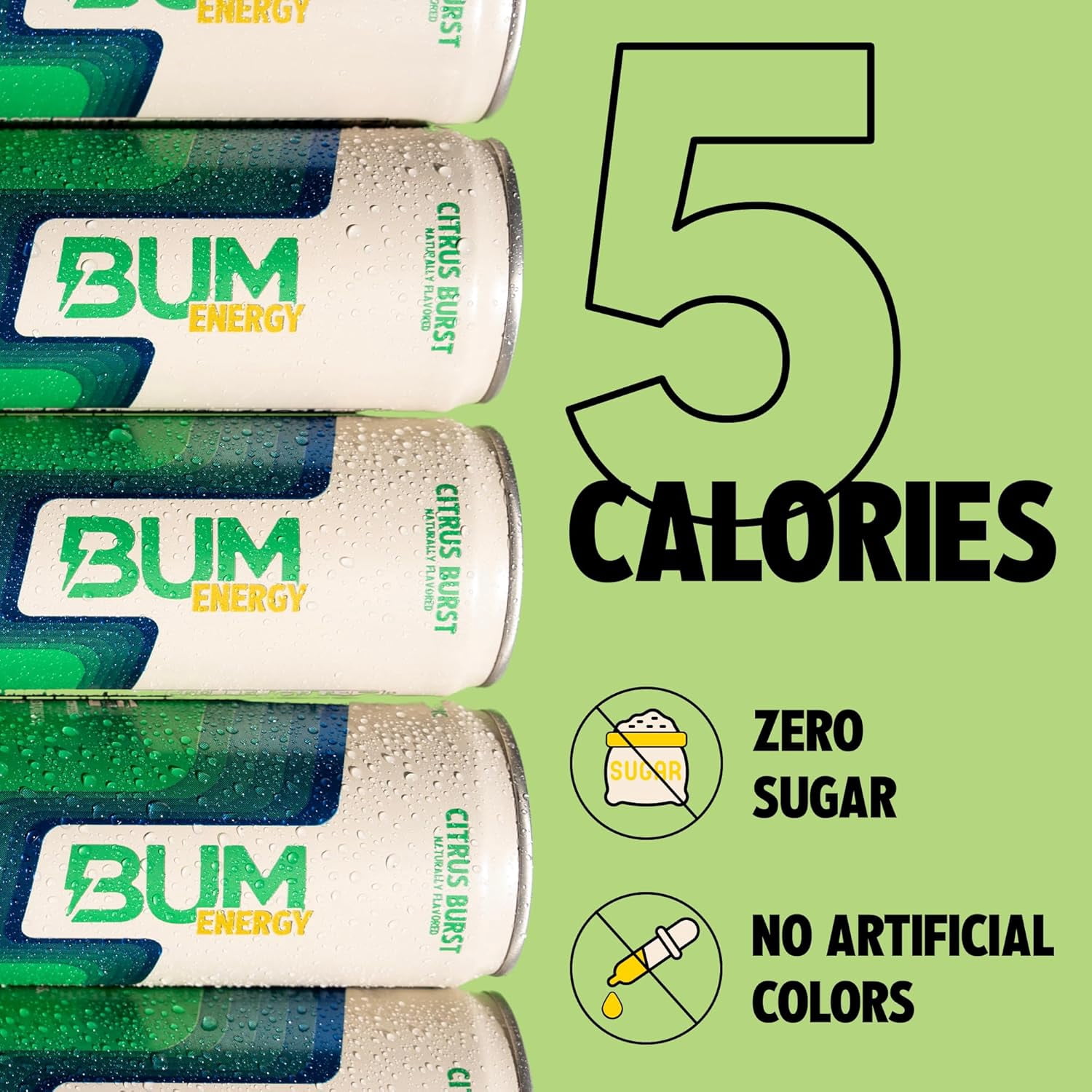BUM Sugar-Free Energy Drink, Citrus Burst - Lightly Carbonated & No Artificial Colors, Natural Caffeine & Citicoline for Energy & Focus, Brain Boost & Workout Sports Beverage - 12 oz, Pack of 12
