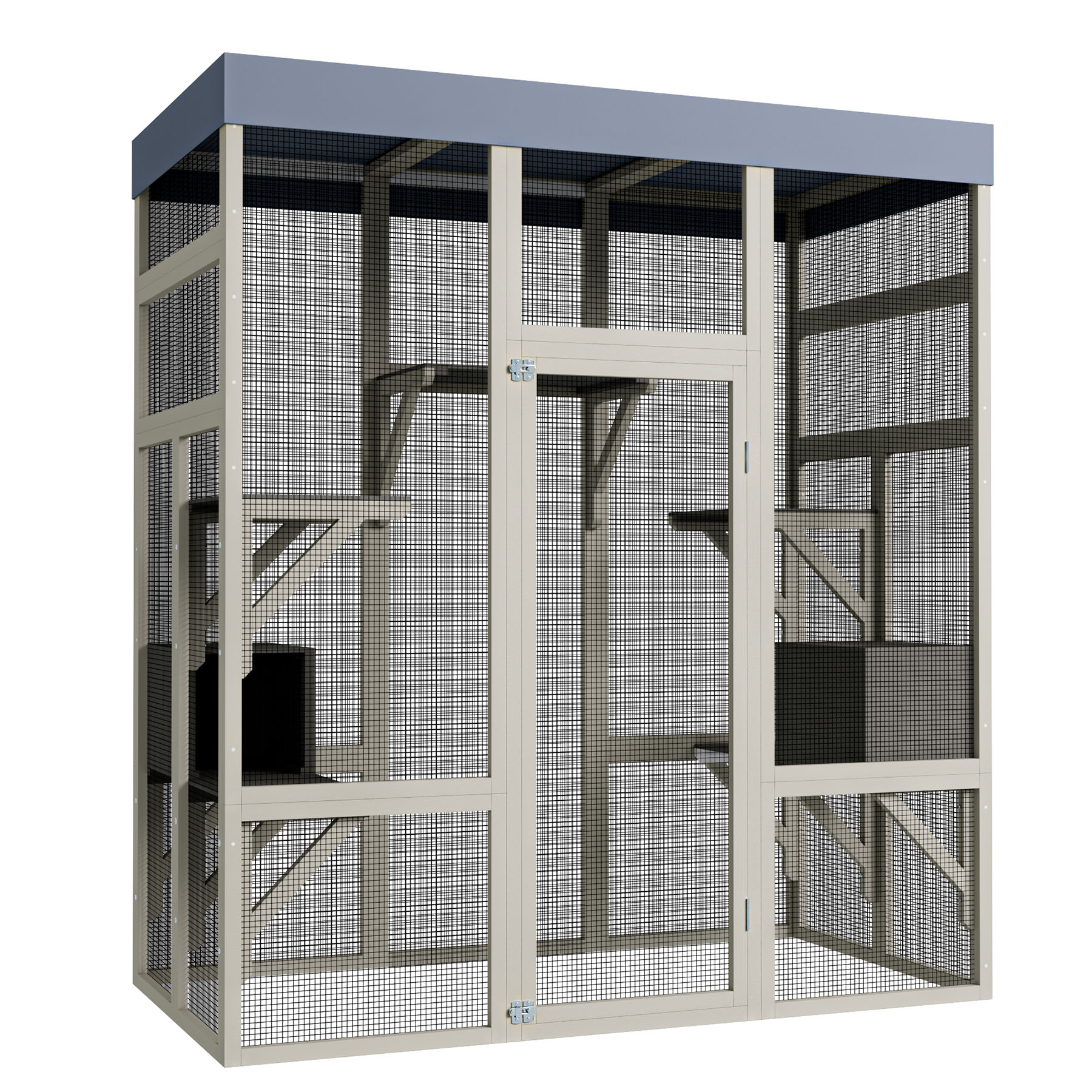 S-HOME Gray Wooden Catio Outdoor Pet House with Waterproof Top, Secure Enclosure with Galvanized Mesh and 2 Napping Boxes