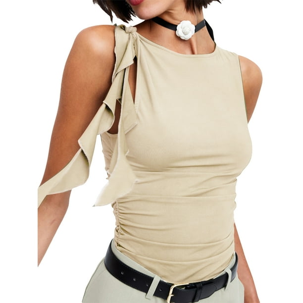 Txlixc Chaleco plisado femenino txlixc, blusa sólida de cuello redondo sin mangas anudada Txlixc moda