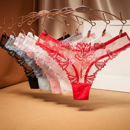 

Hopeup Thong Transparent Low Waist Nylon Sexy Women Mesh Yarn Flower Embroidery Panties for Honeymoon