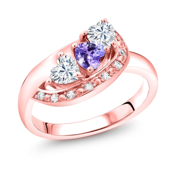 Gem Stone King 18K Rose Gold Plated Silver Blue Tanzanite and White Moissanite and White Created Sapphire Engagement Ring for Women (0.75 Cttw, Gemstone December Birthstone, Heart Shape 4MM, Size 5)