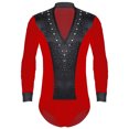 thumbnail image 3 of Kaerm Men's Rhinestone Latin Salsa Dance Shirt V Neck Ballroom Dance Tops Leotard Bodysuit Red XXL, 3 of 7