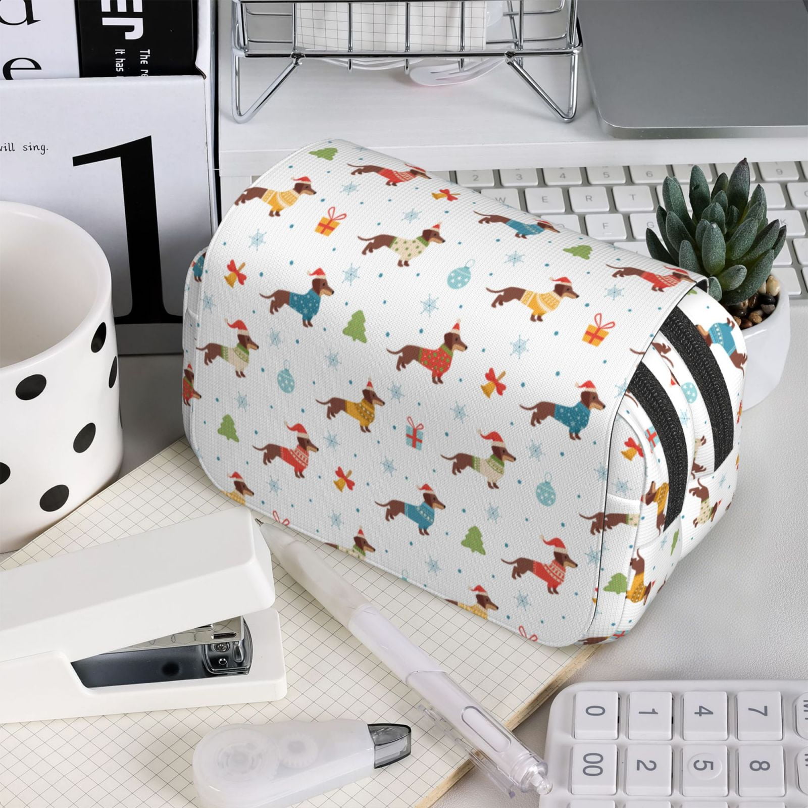 Rateoe winter Snowflake Dachshund Pattern Double Clamshell Pen Case, Storage Organizer with Two Zipper Compartments– Holds Up to 50 Pencils & Pens