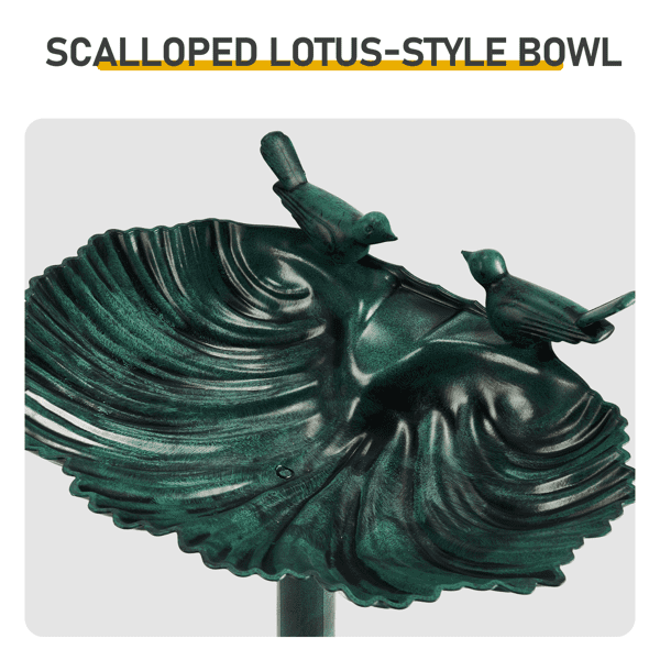 Resin Bird Bath Tub with 2.5W Solar Fountain, Shell Edge Design, Dark Green, 50x36x81cm
