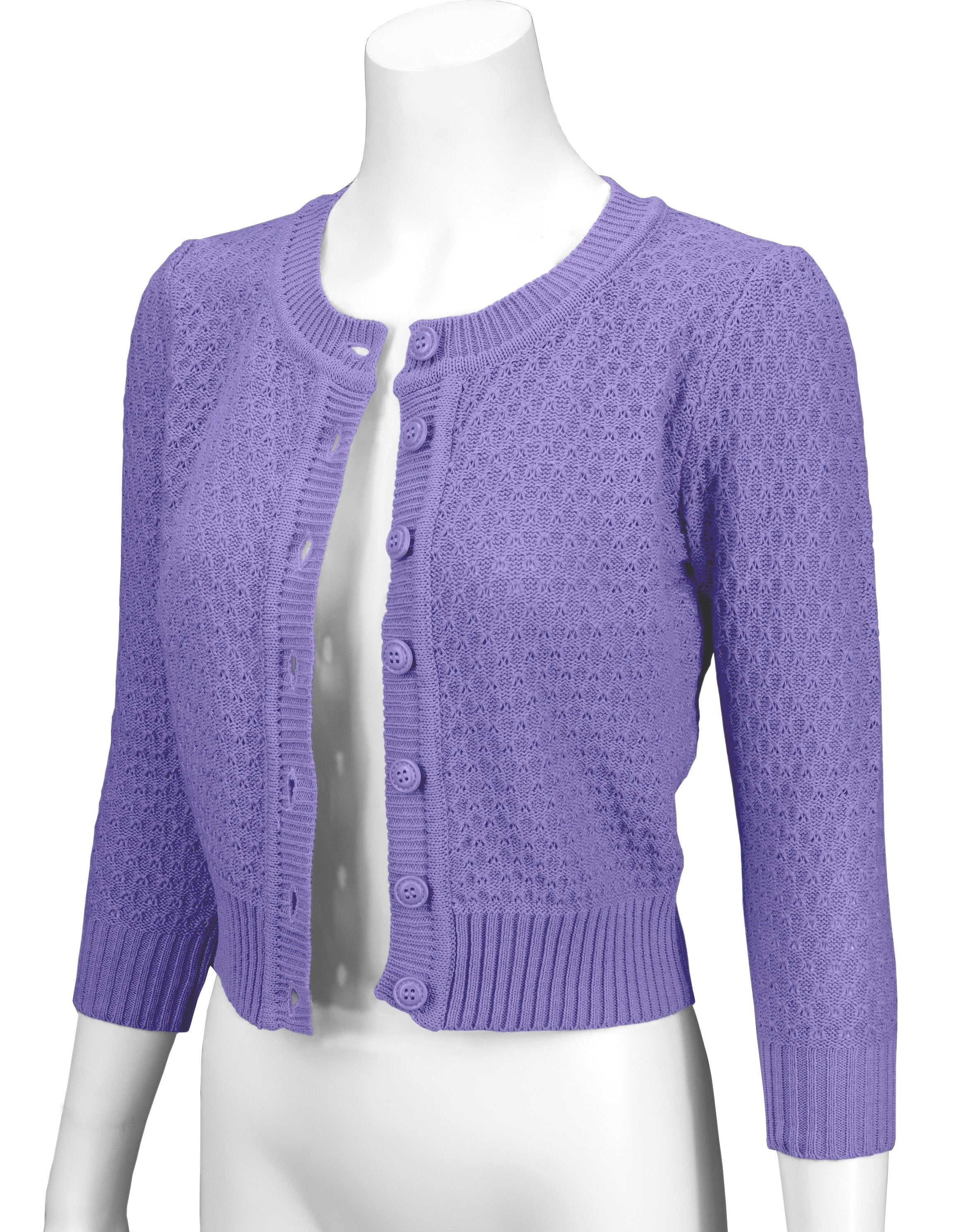 YEMAK Women's Crewneck Button Down 3/4 Sleeve Cropped Knit Cardigan Sweater MK3514