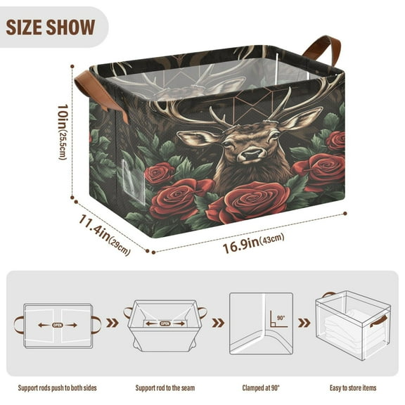 BZSMCE Collapsible Fabric Cube Storage Bins Design Deer with Roses Design Pattern Storage Box