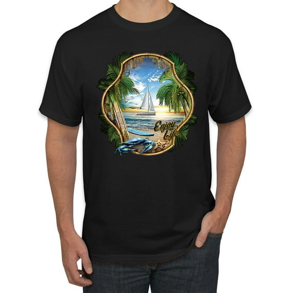 Wild Bobby, Enjoy Life Vintage Beach Surf Sailboat, Pop Culture, Men Graphic Tee, Black, Small