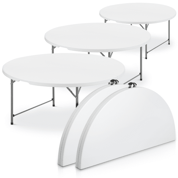 Magshion 5Ft Bi-Fold Plastic Folding Table Set of 5, Indoor Outdoor Round Foldable Commercial Card Table for Kitchen Party Wedding, White/Grey
