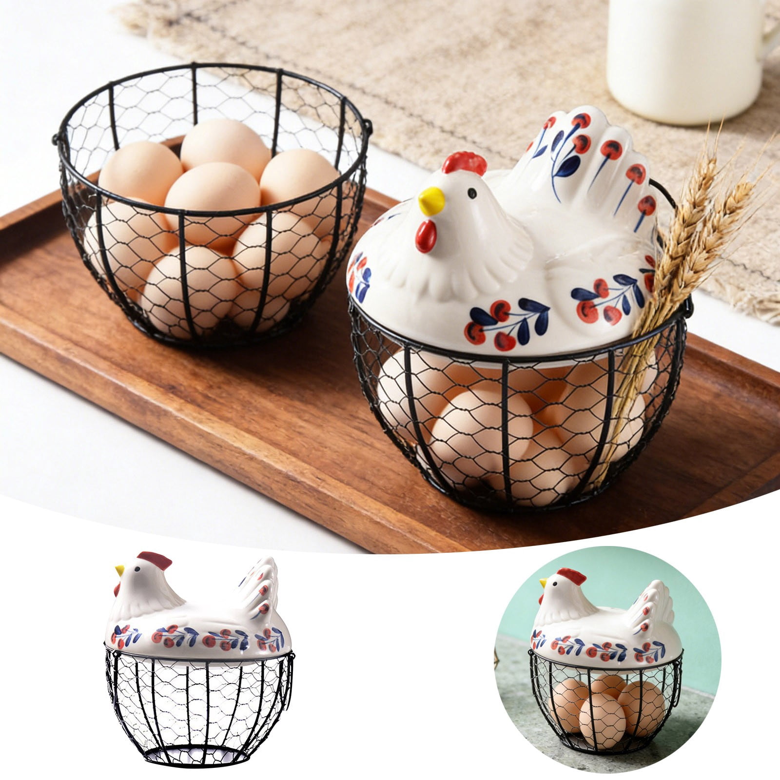 Farmhouse Egg Basket with Ceramic Lid, Black Wire Egg Holder for Fresh Eggs, Decorative Chicken Design Egg Storage Container, Kitchen Countertop Organizer Case for Eggs