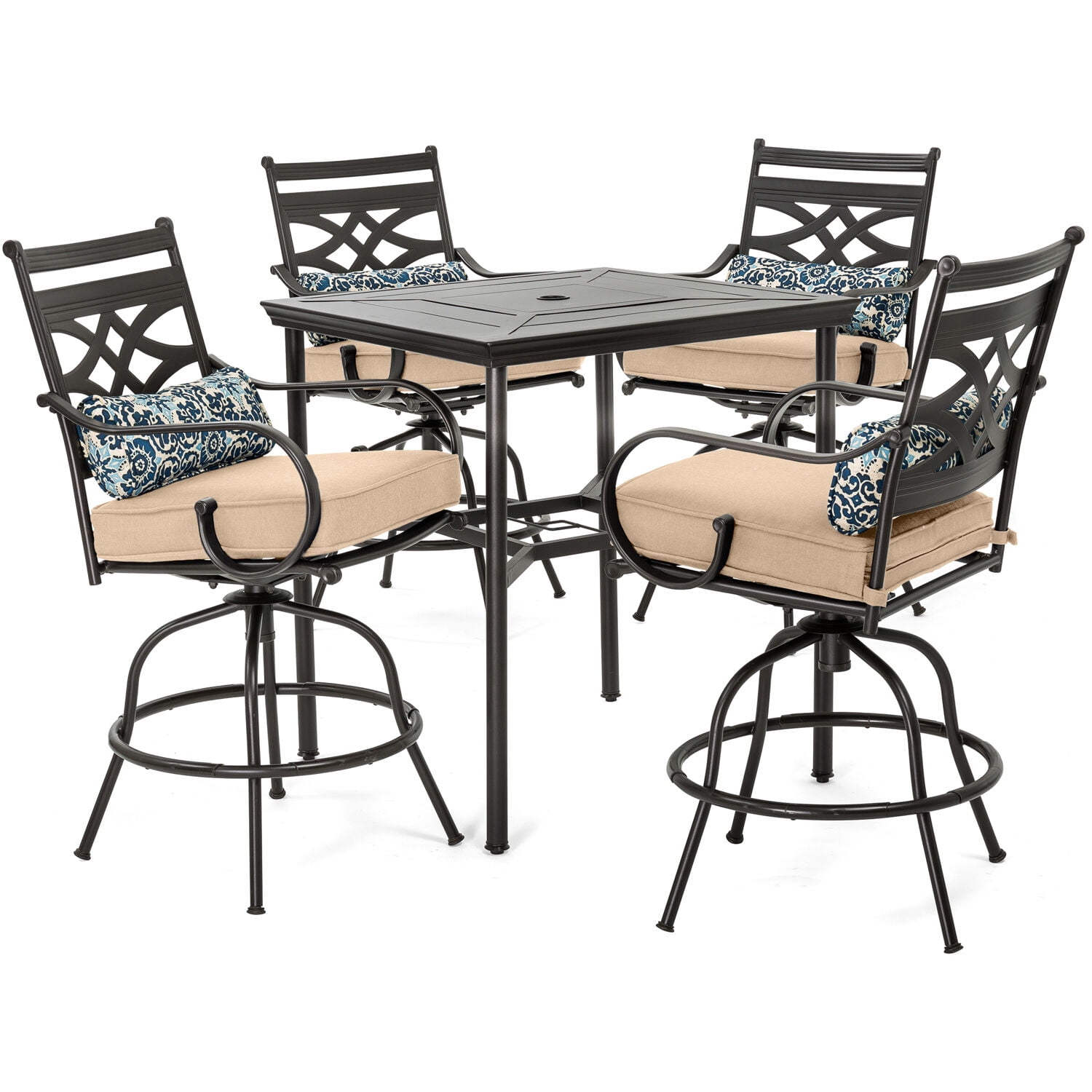 Hanover Montclair 5-Piece High-Dining Patio Set in Tan with 4 Swivel Chairs and a 33-In. Counter-Height Dining Table, MCLRDN5PCBR-TAN