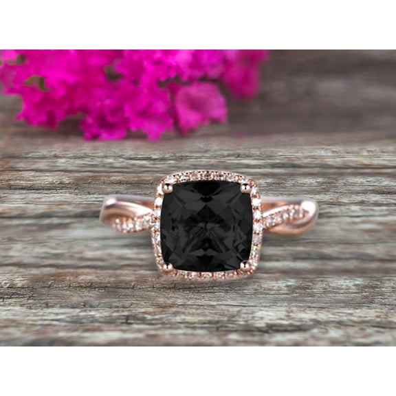 2.05 Carat Cushion Cut Black Diamond Moissanite Engagement Ring Infinity Twisted Halo Stacking Band Promise Ring 10k Rose Gold