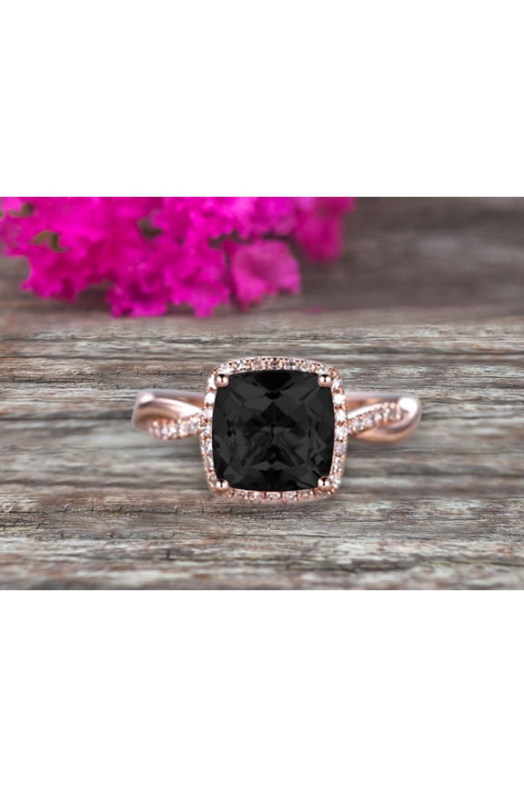 2.05 Carat Cushion Cut Black Diamond Moissanite Engagement Ring Infinity Twisted Halo Stacking Band Promise Ring 10k Rose Gold