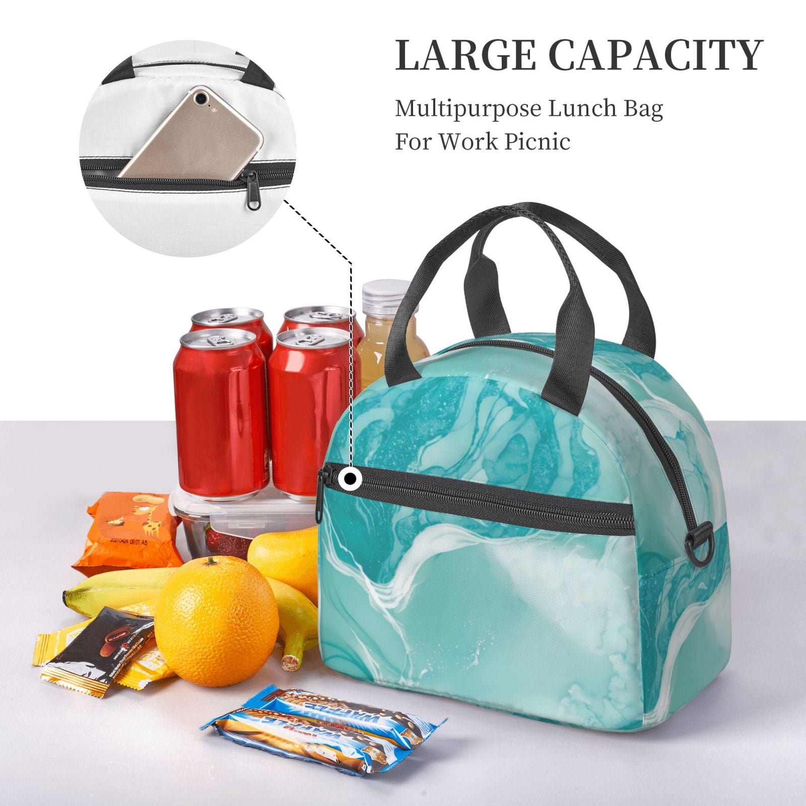 Ratiio Teal Turquoise 1 Pattern Lunch Bag ,Insulated Lunch Box, Small Leakproof Cooler Food Lunch Containers Reusable High Capacity Lunch Tote Bags