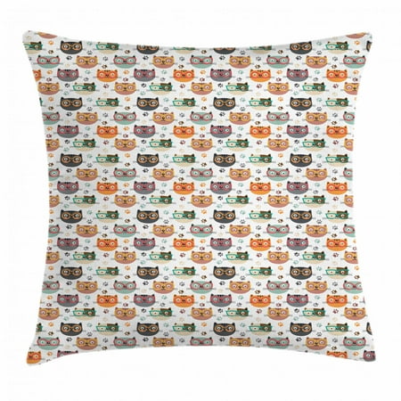 Cats Throw Pillow Cushion Cover, Pattern with Playful Kitty Faces Wearing Eyeglasses among Pawprints for Pet Lovers, Decorative Square Accent Pillow Case, 18 X 18 Inches, Multicolor, by Ambesonne
