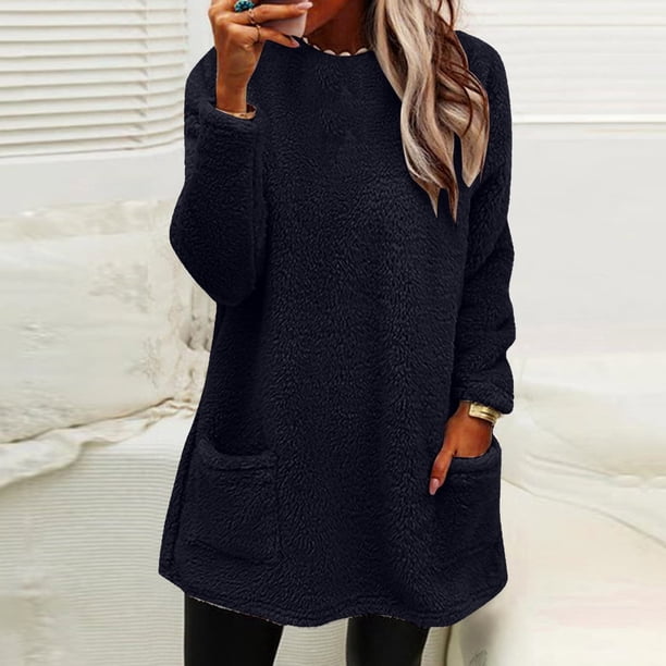 Puntoco Mujeres Cuello Redondo Otoño e Invierno Suelto Bolsillo Sólido Cálido Manga Larga Tops Puntoco Puntoco-3977