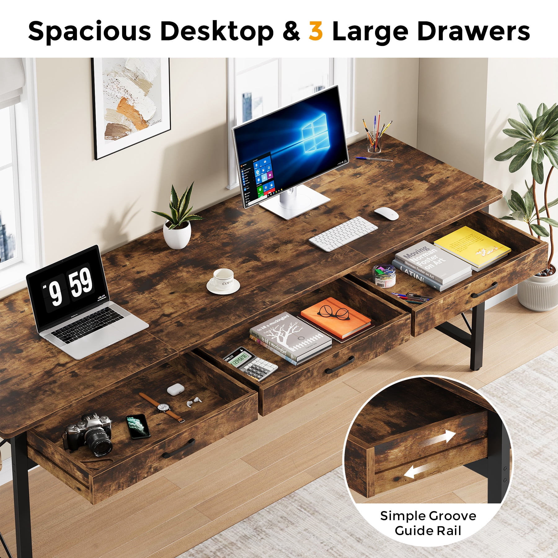 Condemo 78.7 inch Extra Long Computer Desk, Double Desk with 3 Drawers, Two Person Desk with Hooks, Industrial Writing Study Table Workstation for Home Office, Rustic Brown and Black