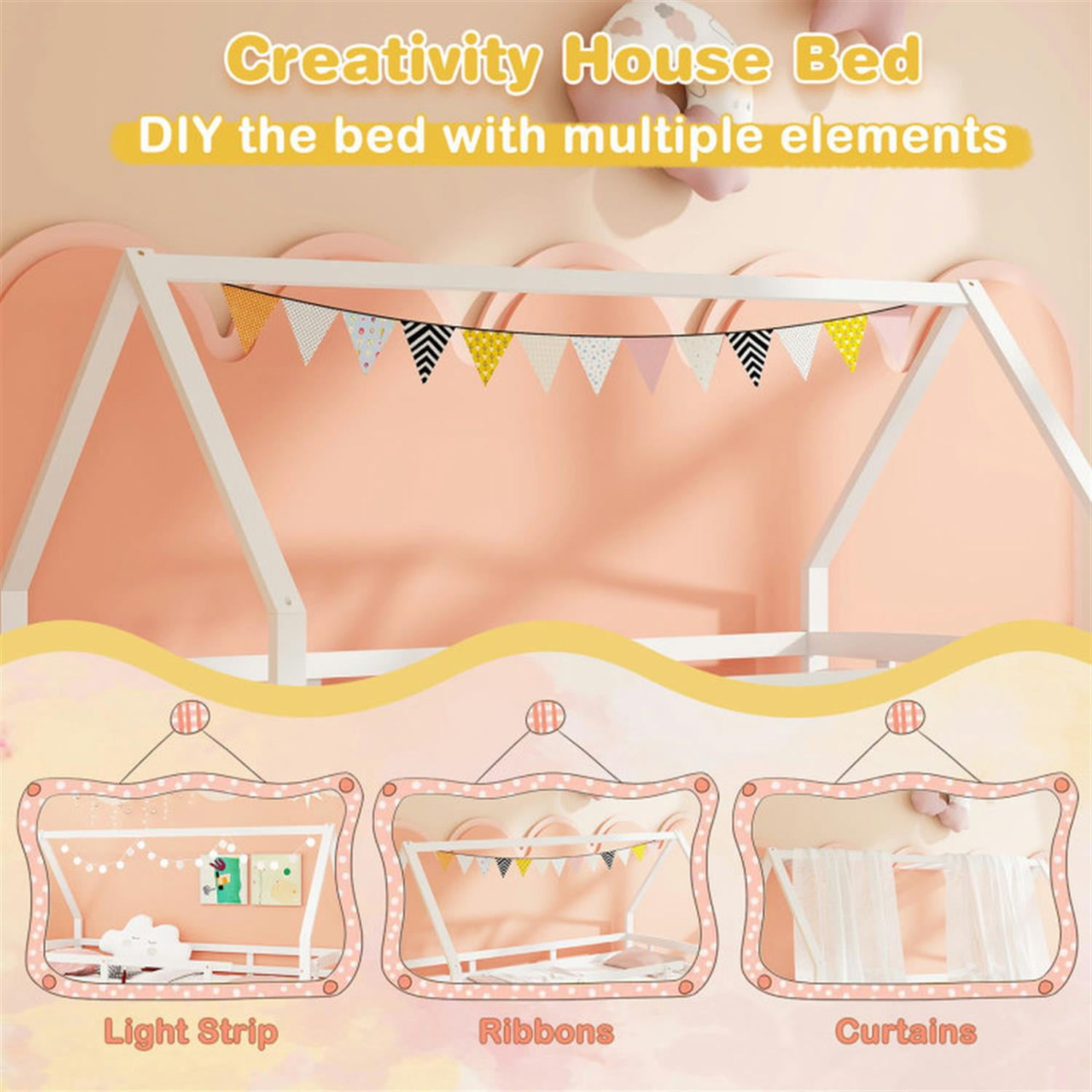 Demi Bonn Twin House Bed Frames with Trundle and Fence Rail, Modern Platform Bed Frames for Teens, White