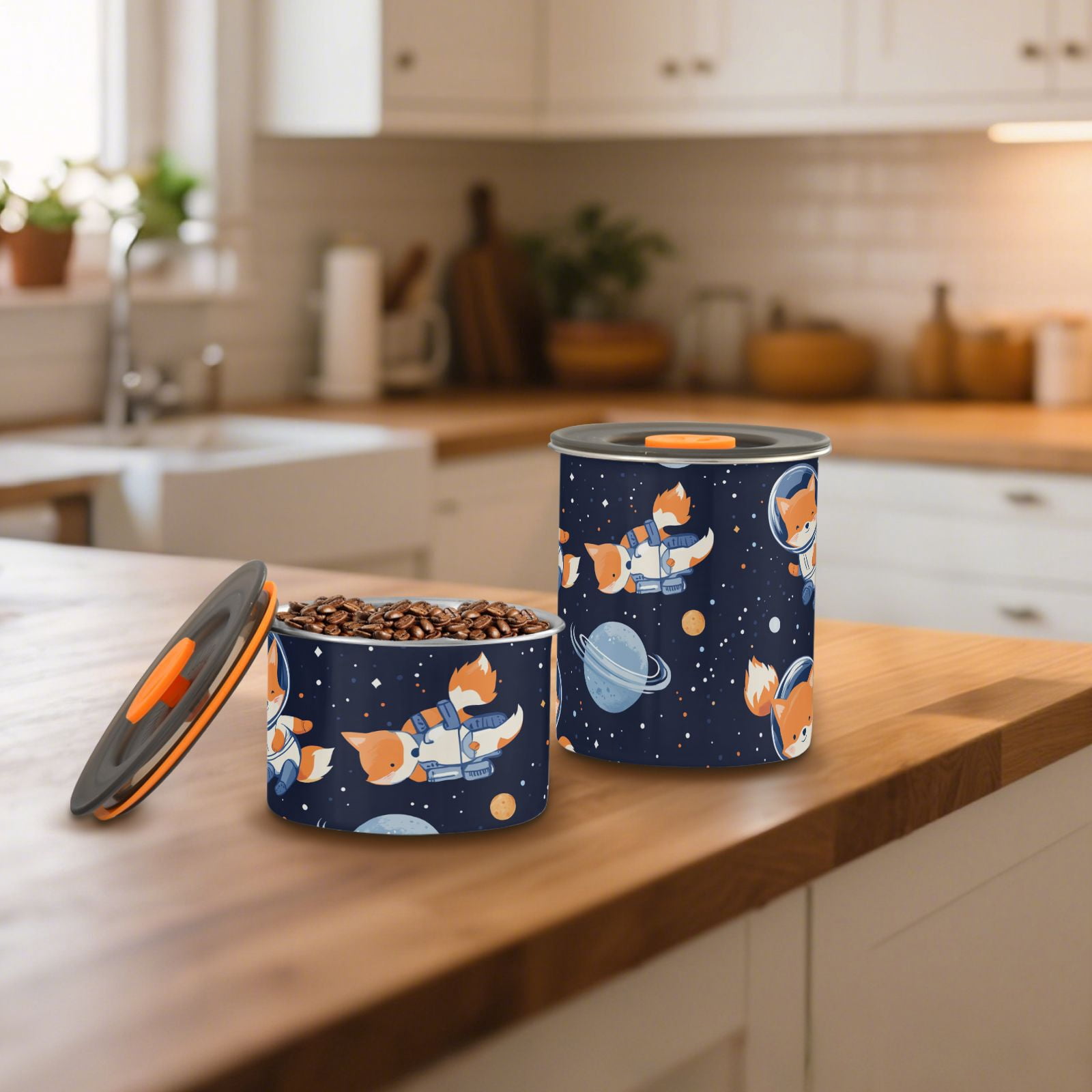 Astronaut Fox Planet Airtight Coffee Bean Canister 30oz Food Storage Containers with Lids For Gournd, Tea, Sugar, Flour, Rice, Cereal, Candy Cookie Jar