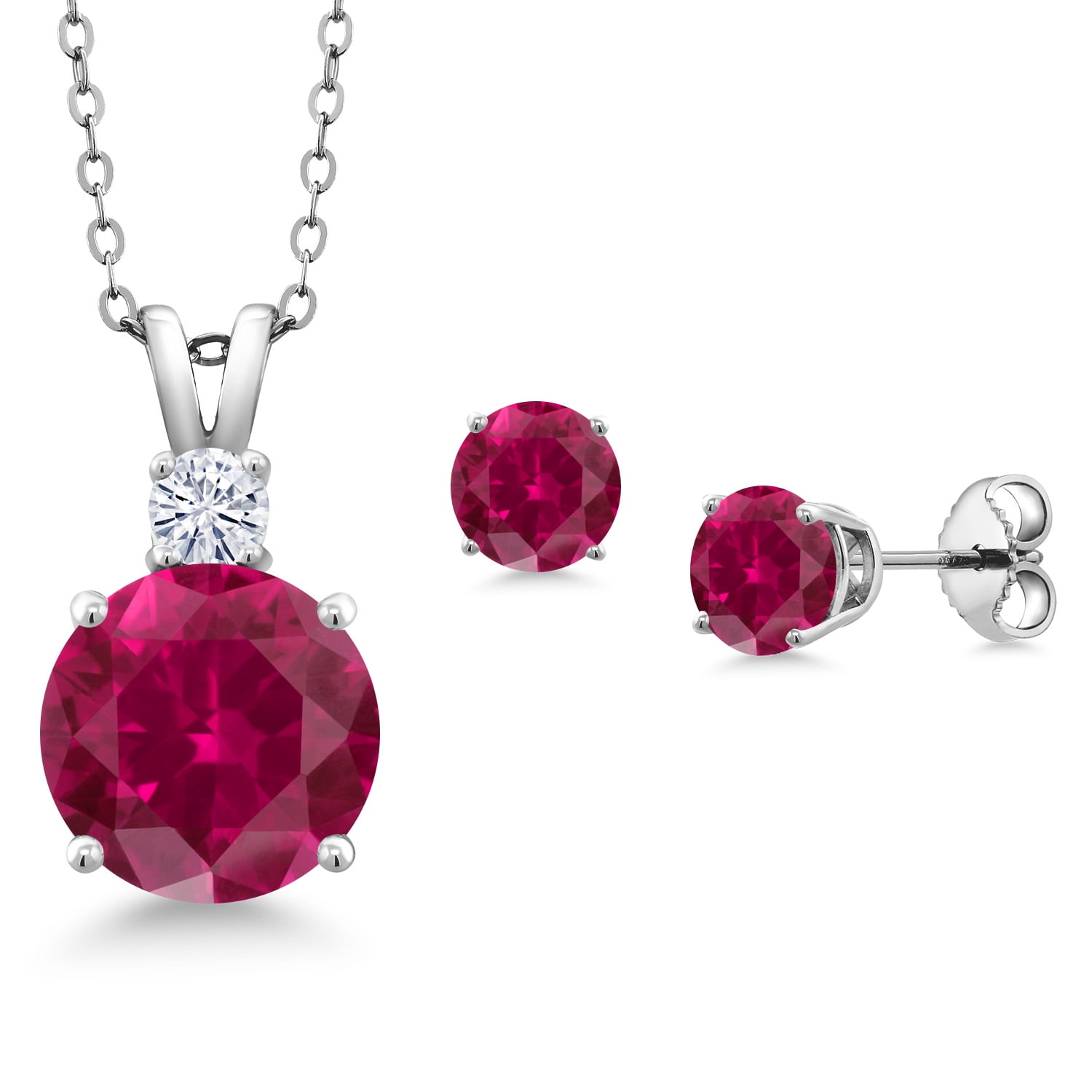 Gem Stone King 925 Sterling Silver Round Red Created Ruby and White Moissanite Pendant and Earrings Jewelry Set for Women (5.36 Cttw, Gemstone Birthstone, with 18 inch Chain)