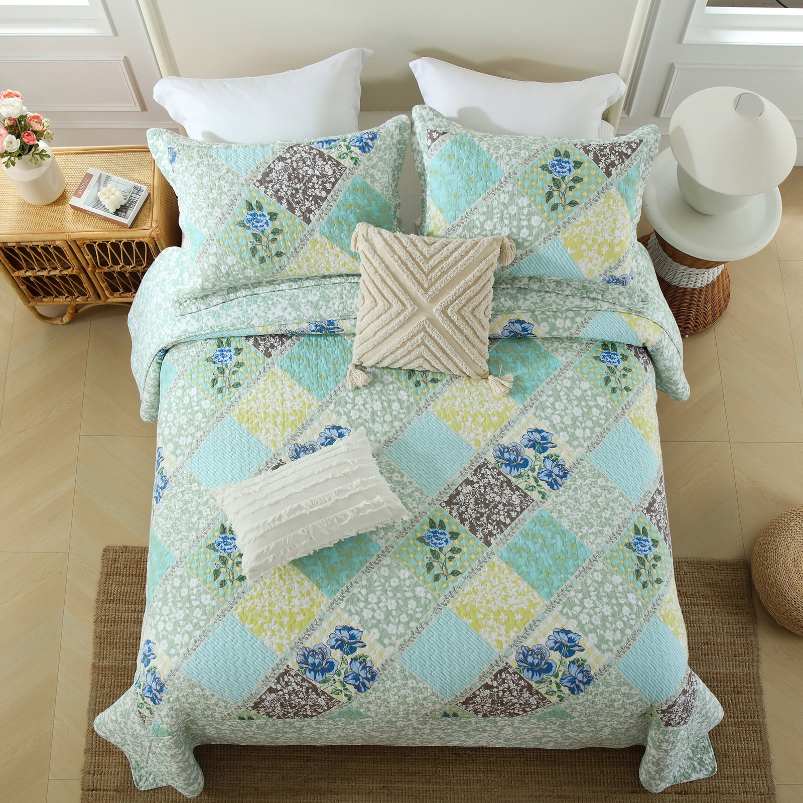 PANGUSHAN 100% Cotton 120"x120" Oversized California King Bedspread Coverlet Quilt Set, Cal King Quilted Bedspread Extra Large Wide Quilt, Floral XL Bed Spread Lightweight Comforter, 3pc, Green/Blue