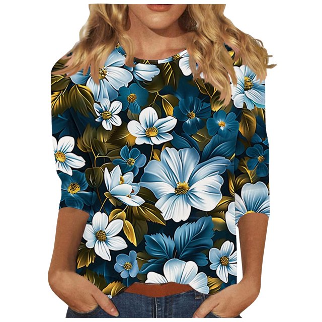 Wanfds Hauts de Mode Blancs pour Femmes Col Rond Tendance Manches Trois-Quarts S