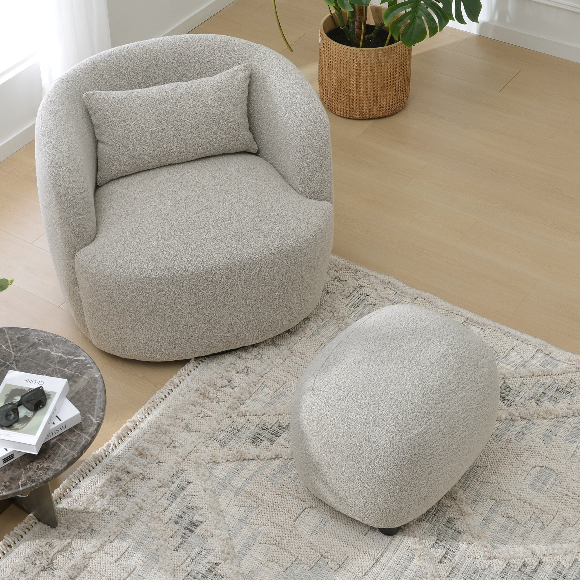 Round Boucle Upholstered Ottoman Chair, Footstool with Soft Padded Seat, Fully Assembled Modern Sofa Couch Footrest, Extra Seating for Bedroom Entryway, Taupe(18.5" D x 23" W x 16.5" H)