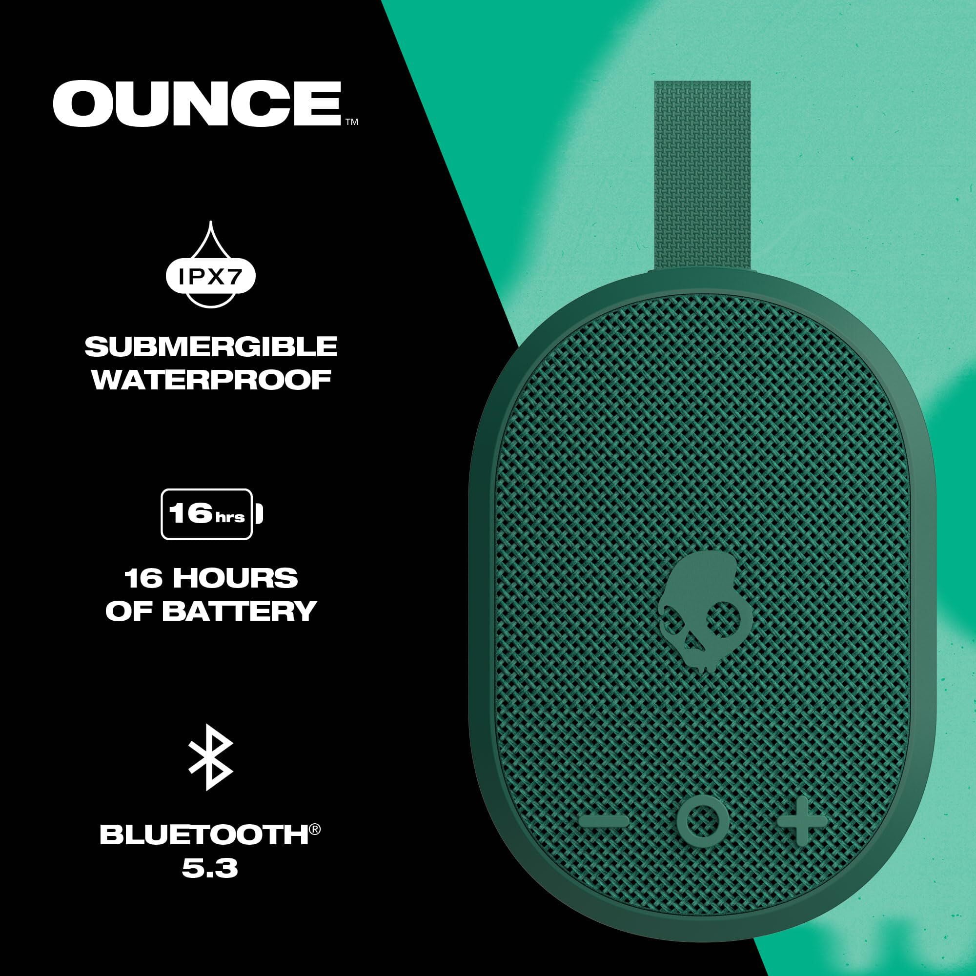 Skullcandy Ounce Bluetooth Speaker, IPX7 Waterproof, 16-Hour Battery, Portable with Carry Strap