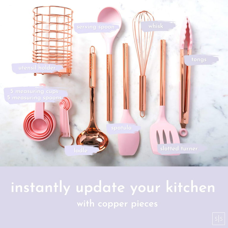 Styled Settings Copper and Pink Kitchen Utensils -17PC Pink Cooking Utensils Set with Holder, Includes Pink Measuring Cups and Spoons Set, Copper
