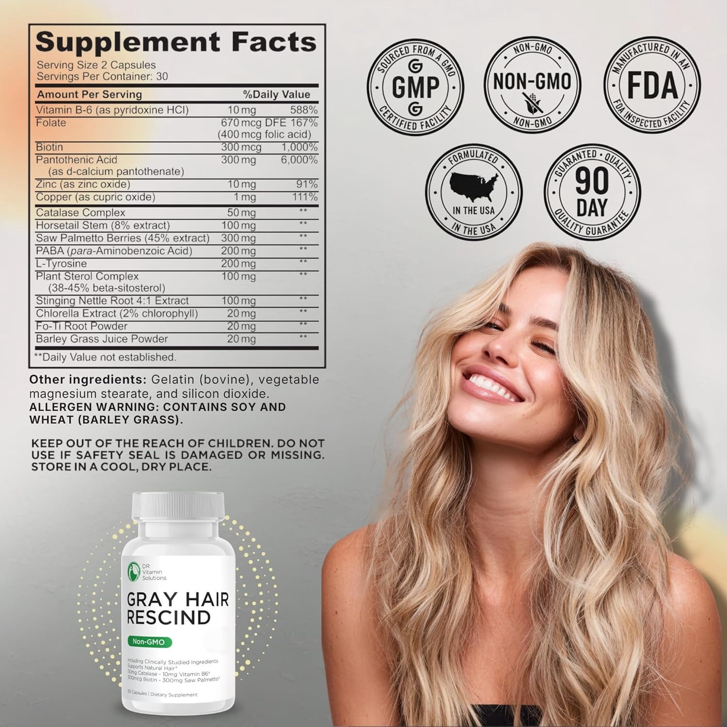 DR Vitamin Solutions Gray Hair Rescind Hair Vitamins Capsules, Hair Supplements with Catalase, 60 Count