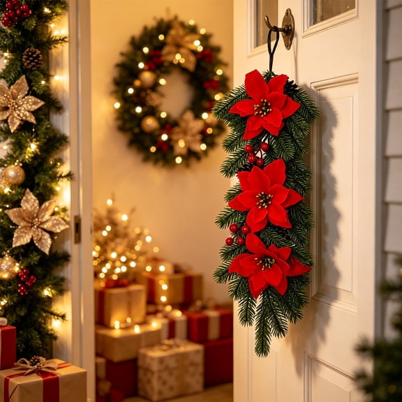 Christmas Poinsettia Teardrop Swag – Artificial Magnolia Leaf Hanging Door Decoration – Farmhouse Xmas Winter Wreath for Door Window Wall Home Decor