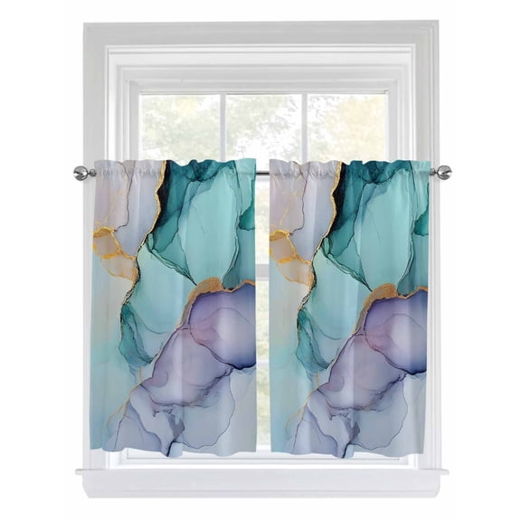 Tier Curtains 45 Inches Long, Teal Purple Marble Window Treatment Curtain Drapes, Modern Abstract Luxury Ink Painting Window Half Privacy Curtains for Bedroom Bathroom, 42"x45", 2 Panels