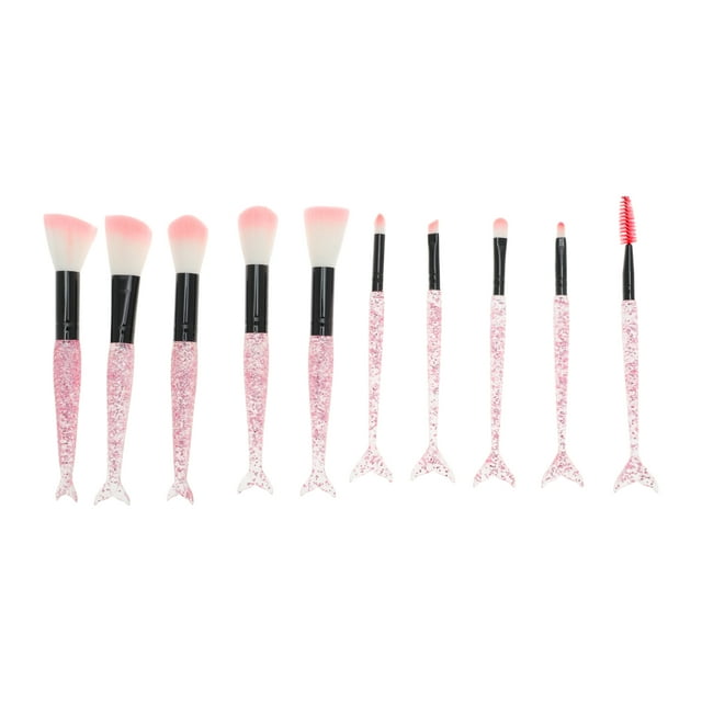 Conjunto de brochas de maquillaje de sirena de 10 piezas para baño, mango de plástico rosa, pelo de nylon