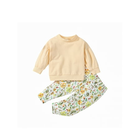 

2 Pieces Toddler Kids Outfits Letters Print Long Sleeves T-Shirt Top + Floral Pants Clothing Set