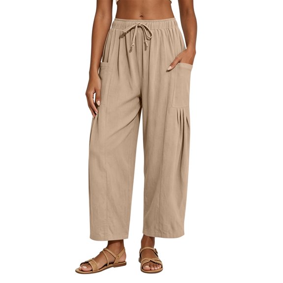 Women Linen Pants Wide Leg Boho Pants Loose Lightweigt Beach Palazzo Harem Pants with Pockets, XL