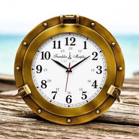 12 Inch Vintage Brass Nautical Ship Porthole Wall Clock with Handle – Antique Finish Maritime Decor, Silent Quartz Movement