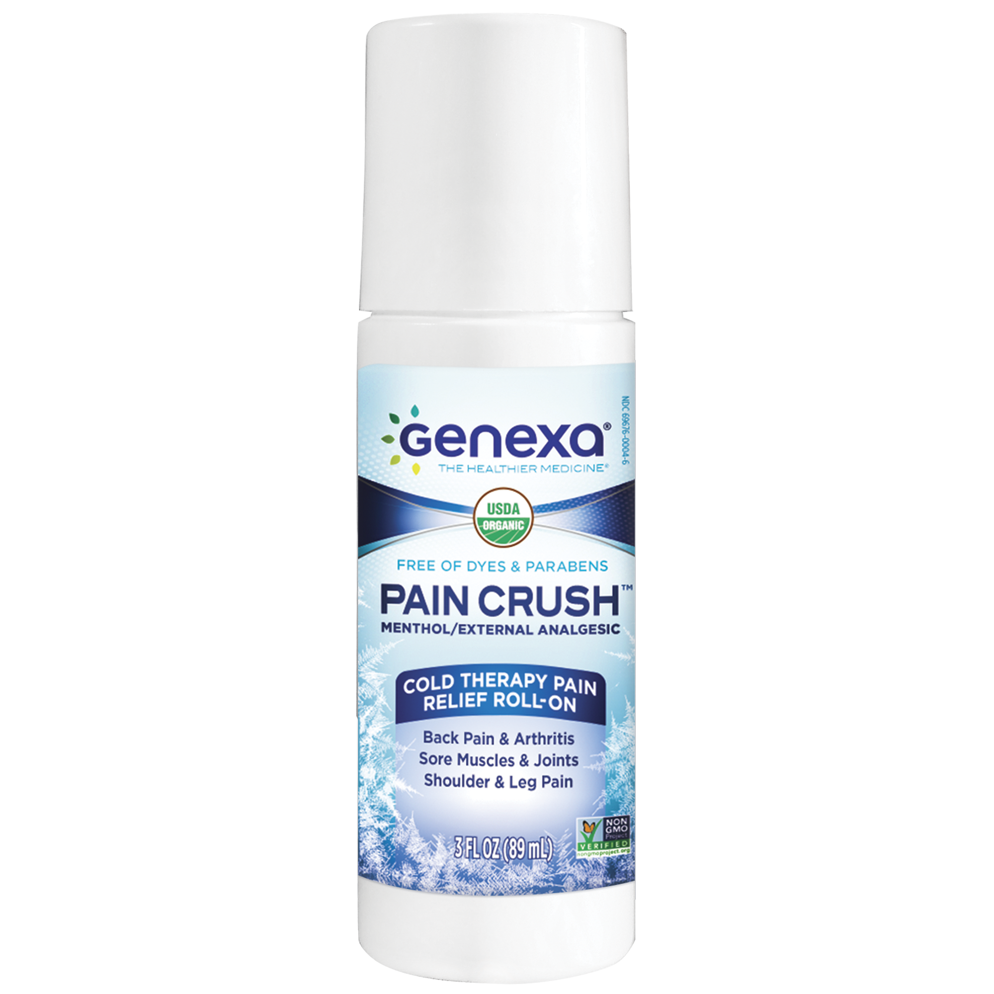 Genexa Pain Crush Roll-On: Certified Organic, Free of Dyes & Petroleum, Non-GMO. Fast Acting, Cooling Menthol Pain Reliever for Back Pain, Arthritis, Sore Muscles & Joints, Shoulder & Leg Pain (3 oz.)