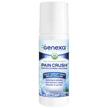 Genexa Pain Crush Roll-On: Certified Organic, Free of Dyes & Petroleum, Non-GMO. Fast Acting, Cooling Menthol Pain Reliever for Back Pain, Arthritis, Sore Muscles & Joints, Shoulder & Leg Pain (3 oz.)