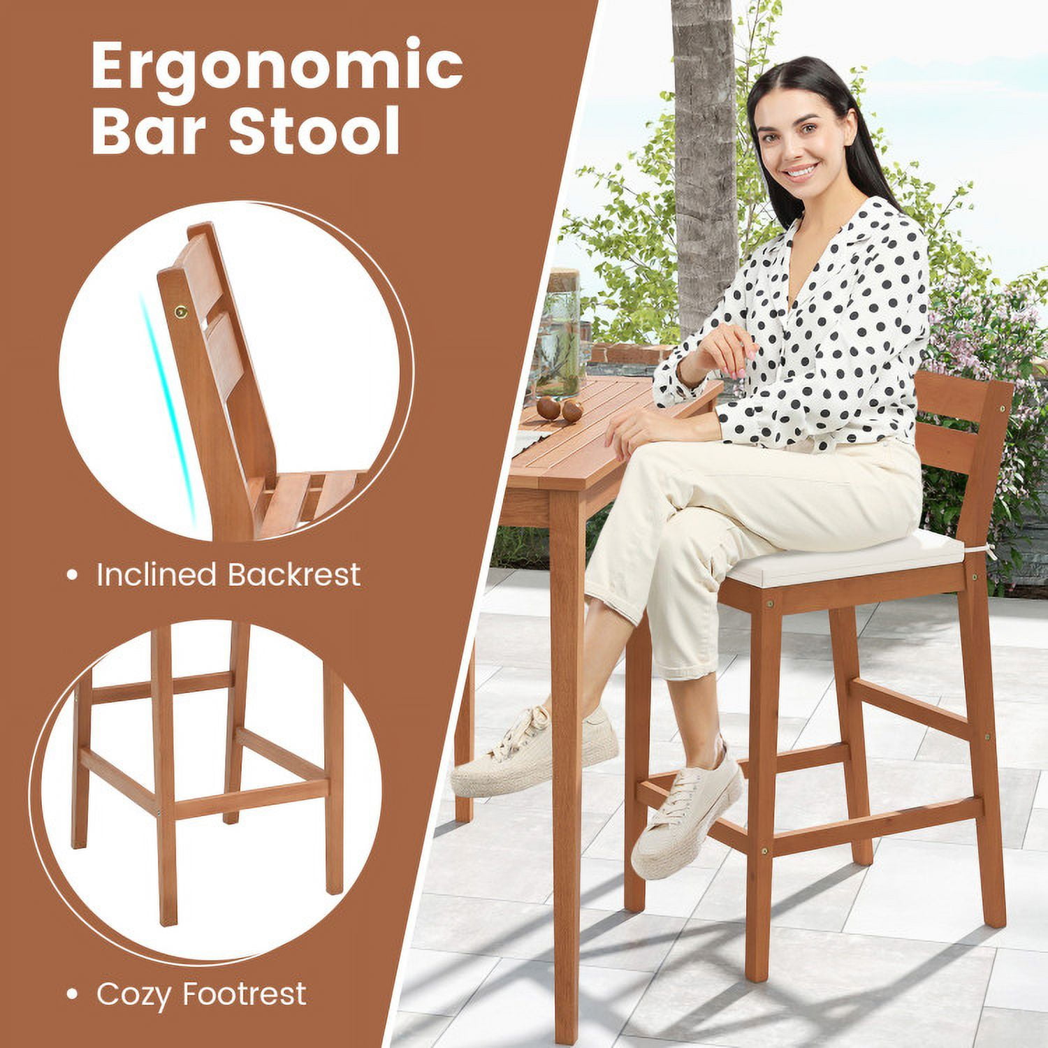 Aimee Lii Set of 2 Outdoor Wood Barstools with Soft Seat Cushion, Outdoor Patio Furniture, Off White