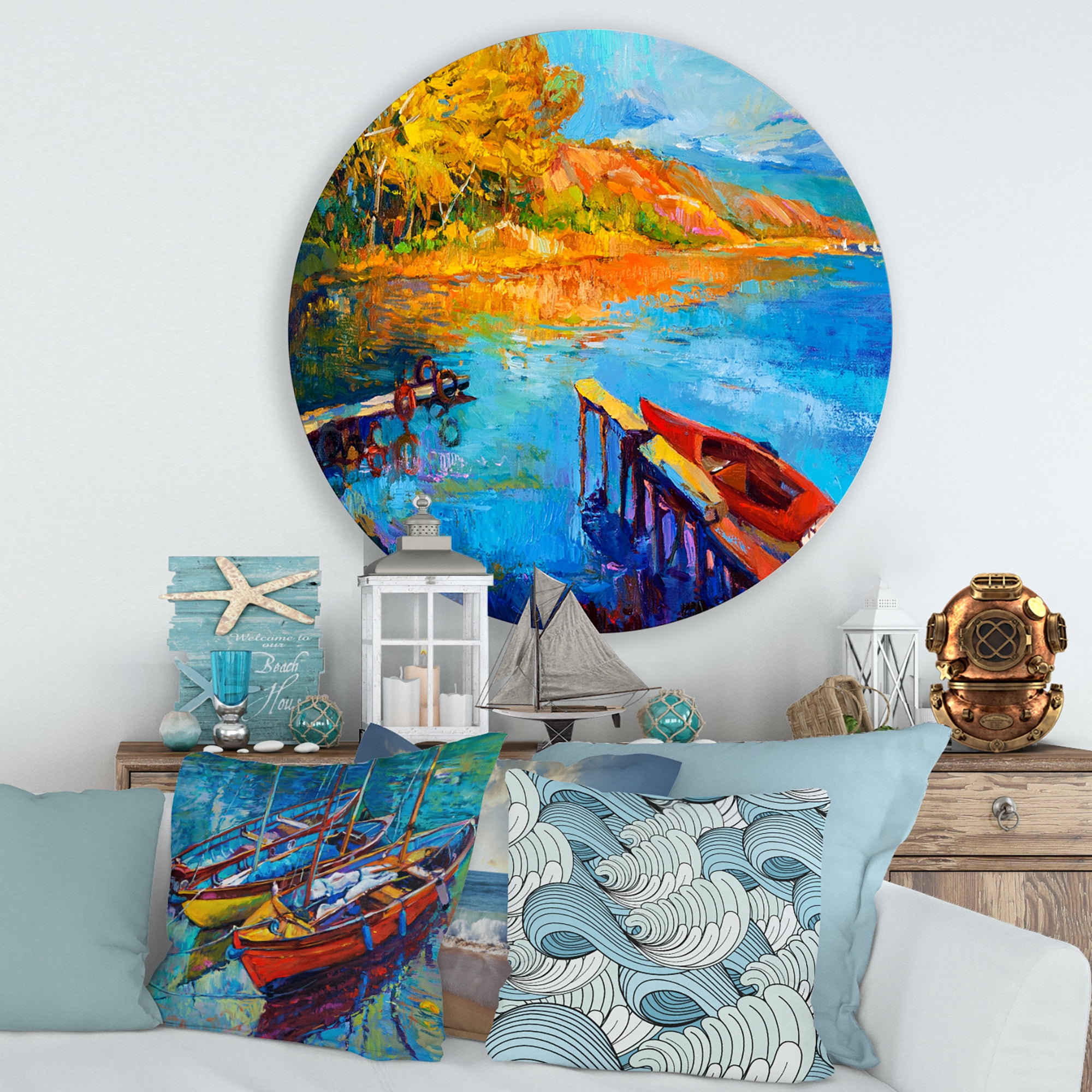 Designart 'The Lake At Sunset Evening Glow II' Lake House Circle Metal Wall Art 29x29 - Disc of 29