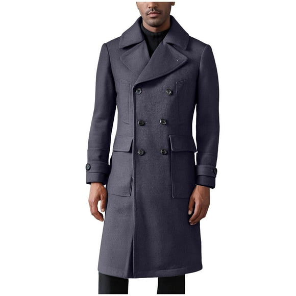 WRKEKC Men's Wool Blend Winter Jacket Classic Button Front Long Sleeve Coat with Turn-Down Collar and Pockets for Versatile Daily Casual Wear in Solid Color Gray S