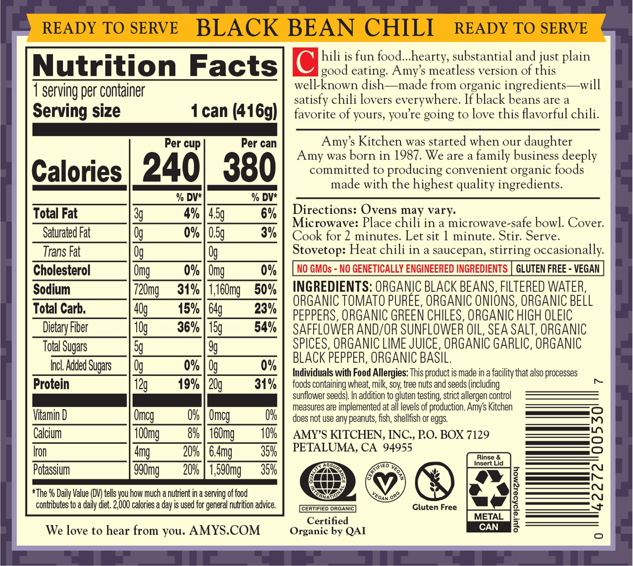 (2 pack) Amy’s Organic Black Bean Chili, Plant-Based Vegan Chili, Gluten Free, Made With Organic Black Beans and Vegetables, Canned Chili, 14.7 Oz