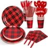 Decorlife Lumberjack Party Supplies Serve 25, Black and Red Christmas Plates Cups Napkins Set, Disposable Buffalo Plaid Party Kit for Xmas Birthday, Picnic, Total 225PCS