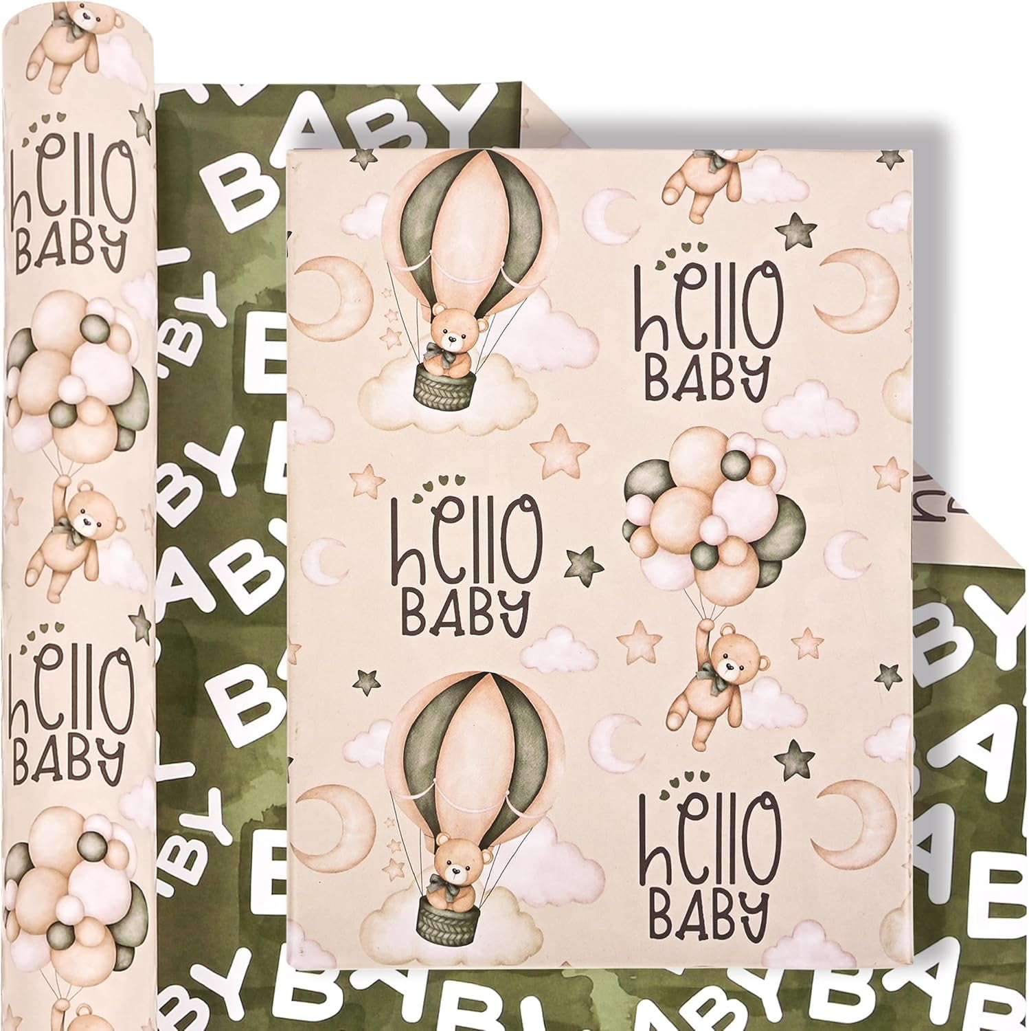 Reversible Baby Shower Wrapping Paper Roll Baby Gift Wrap with Green Brown Bear Balloons and Baby Words Pattern for Girls Boys Wedding Neutral Baby Shower Birthday Party - Total 28.5sq.ft