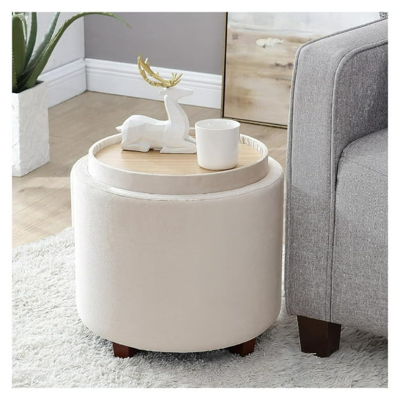 BULYAXIA Lawrence Round Storage Ottoman with Lift Off Lid and Tray Lid Coffee Table, Ottoman with Storage for Living Room, Bedroom and Office, Velvet Cream