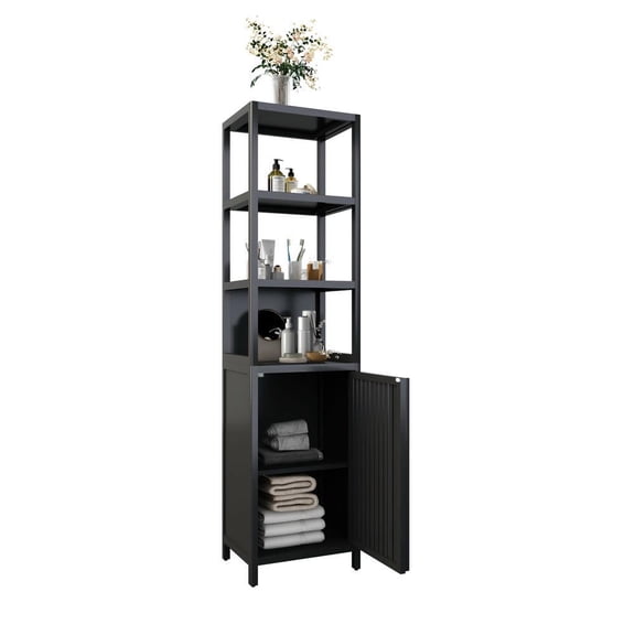 Resenkos BLACK Storage Tall Slim Cabinet with Shutter Door and 3 Tier Shelves, Freestanding Linen Tower Cabinet, Natural Bamboo