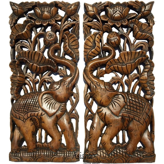 Elephant with Lotus Carved Wood Wall Art Panel. Size 17.5”x7.5” Extra Thick Each, Set of 2
