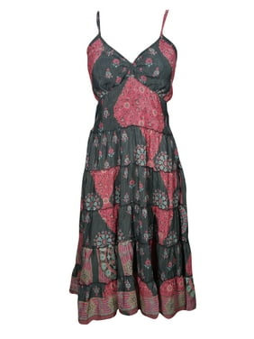Mogul Recycled Sari Vintage Dress Spaghetti Strap Printed Gray Pink Beach Boho Style Dresses S/M